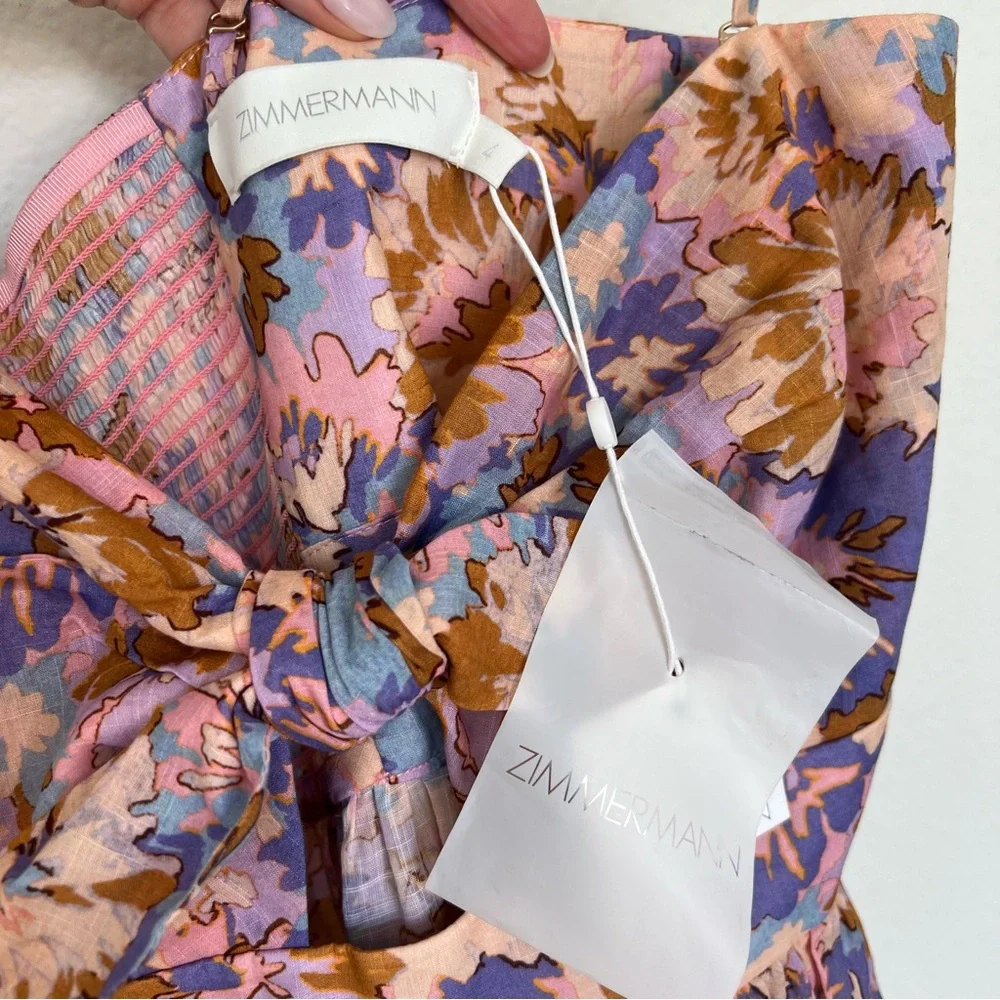 ZIMMERMANN Floral Print Cutout Strapless Tiered Midi Dress in Purple Floral - Picture 11 of 13